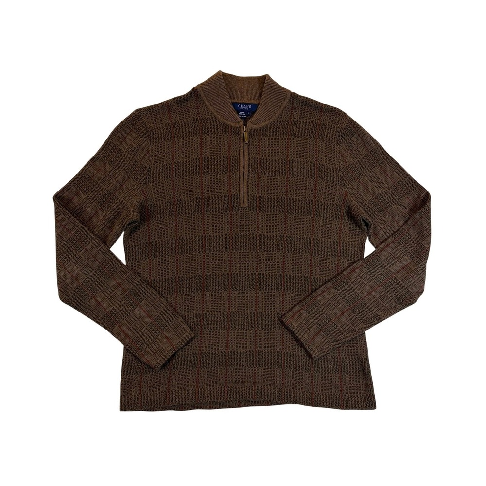 Chaps Quarter Zip Pullover Mens Large Brown Plaid Cotton Mock Neck Sweater